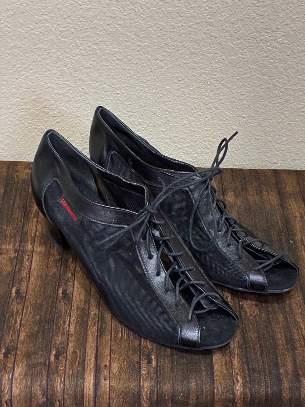 Sundance Black Lace-Up Peep-Toe Heels